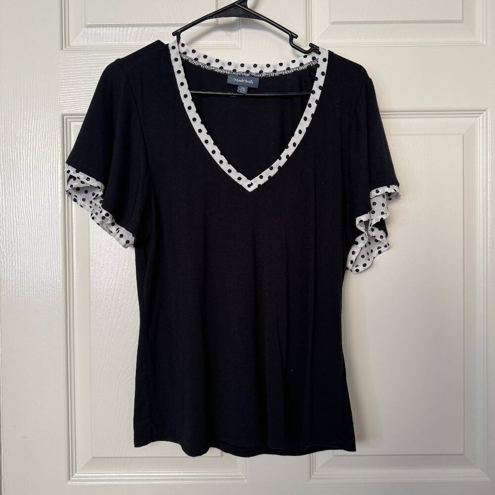 Modcloth V Neck Black tee with Polka Dot Detail